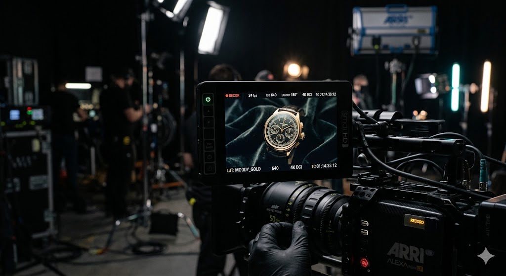Écran de caméra filmant une montre dans un studio avec éclairage professionnel.
