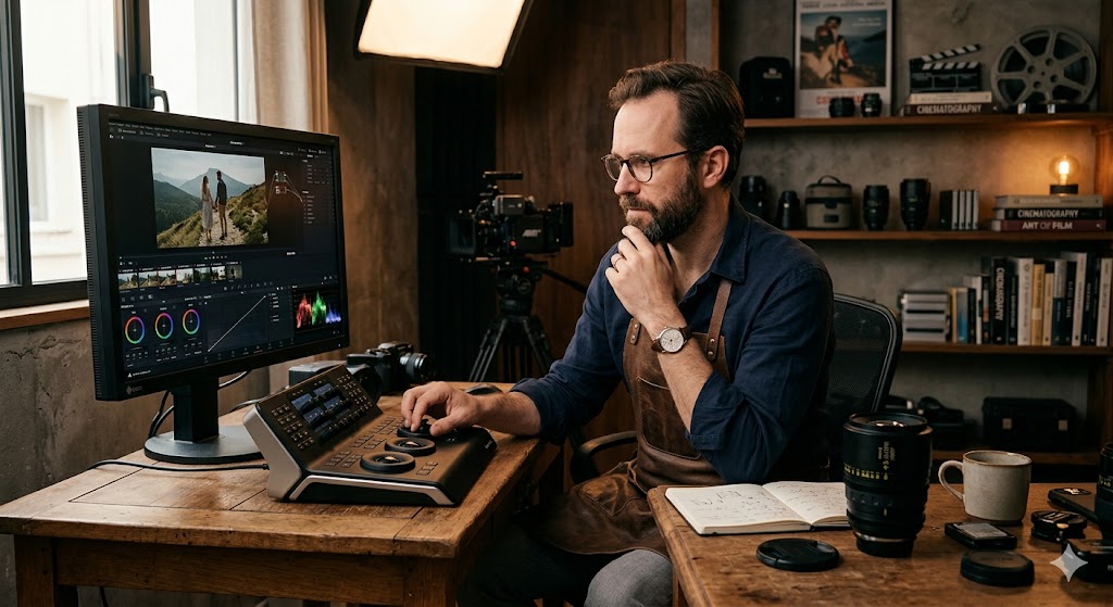 Un homme éditant une vidéo sur un ordinateur dans un studio de montage.