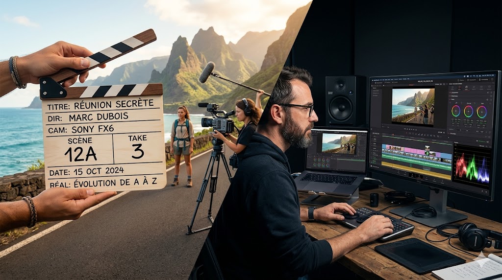 Clap de cinéma et montage vidéo sur ordinateur, scène extérieure pittoresque.