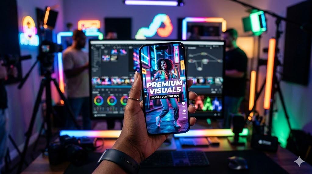 Personne tenant un smartphone affichant "Premium Visuals" devant un écran de montage vidéo.