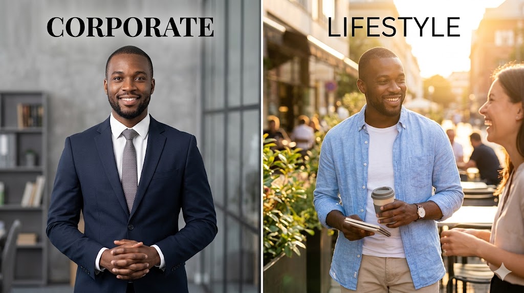 Homme en costume professionnel et tenue décontractée, avec textes "Corporate" et "Lifestyle".